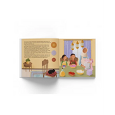 Kinderboek met illustratie van een gezin bakken uit Het Verhaal van Aboe Hurayrah